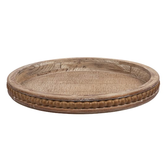 16&#x22; Decorative Round Wood Tray with Hobnail Edge